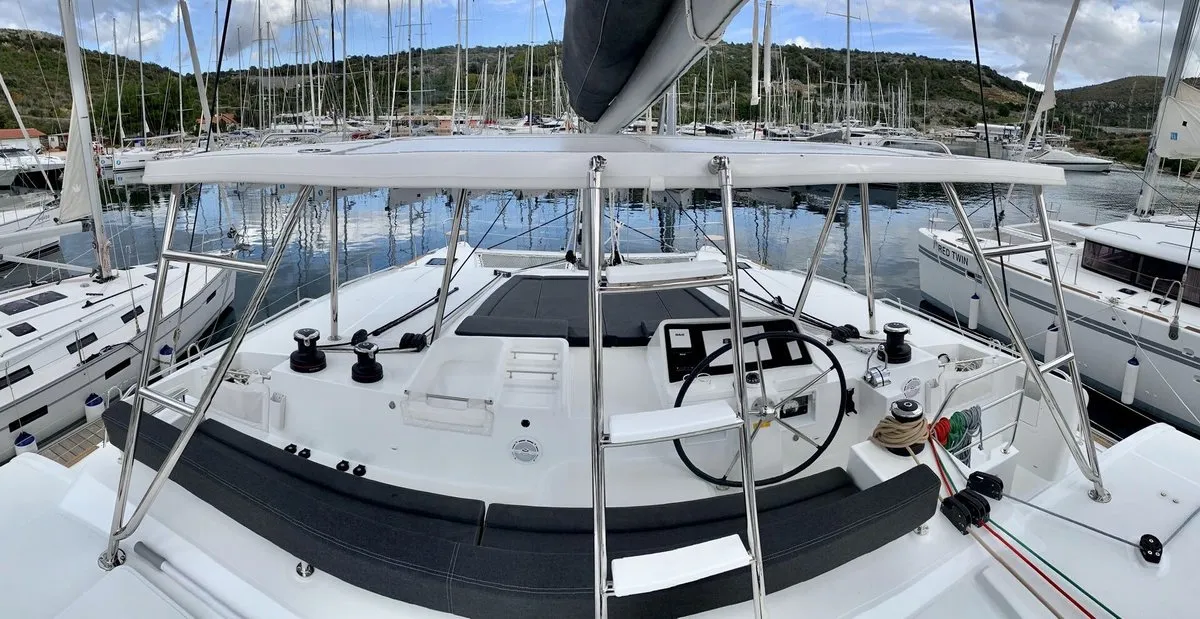 Cockpit of Zen, a Lagoon 450 F catamaran at Split, Croatia