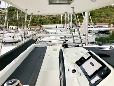 Cockpit of Zen, a Lagoon 450 F catamaran at Split, Croatia