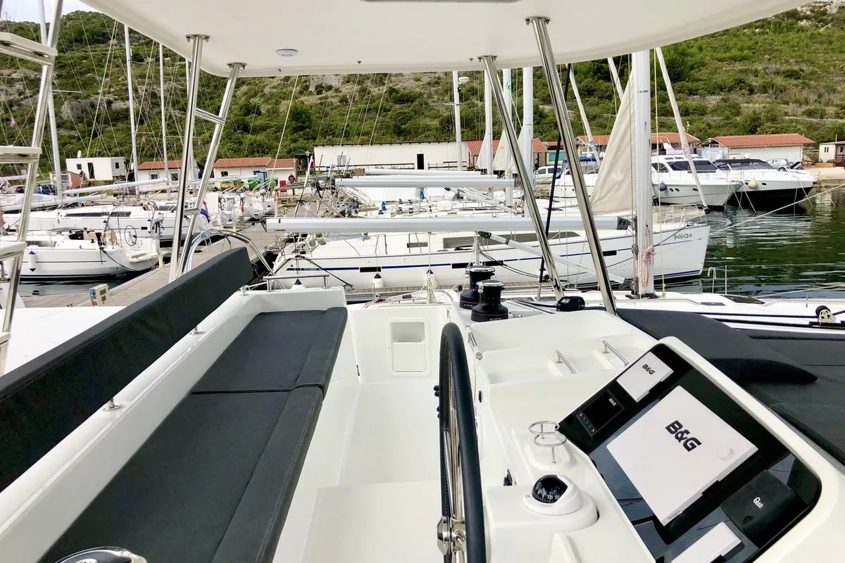 Cockpit of Zen, a Lagoon 450 F catamaran at Split, Croatia