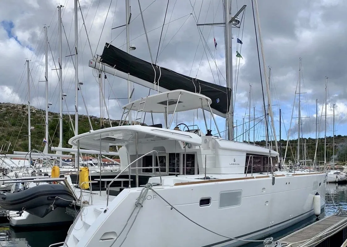 Exterior view of Zen, a Lagoon 450 F catamaran at Split, Croatia