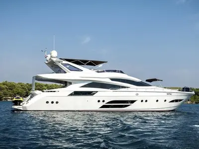 Exterior view of Why Not, a Dominator 780S Deluxe motor yacht at Athens, Greece