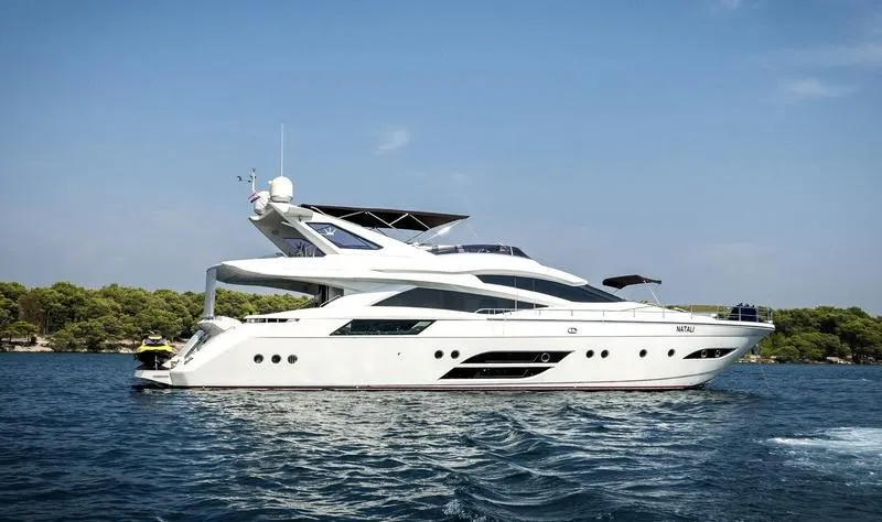 Exterior view of Why Not, a Dominator 780S Deluxe motor yacht at Athens, Greece