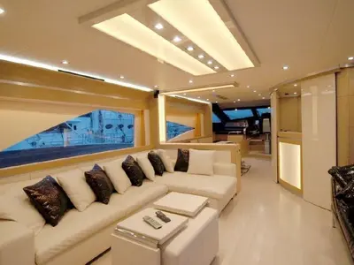 Salon of Why Not, a Dominator 780S Deluxe motor yacht at Athens, Greece