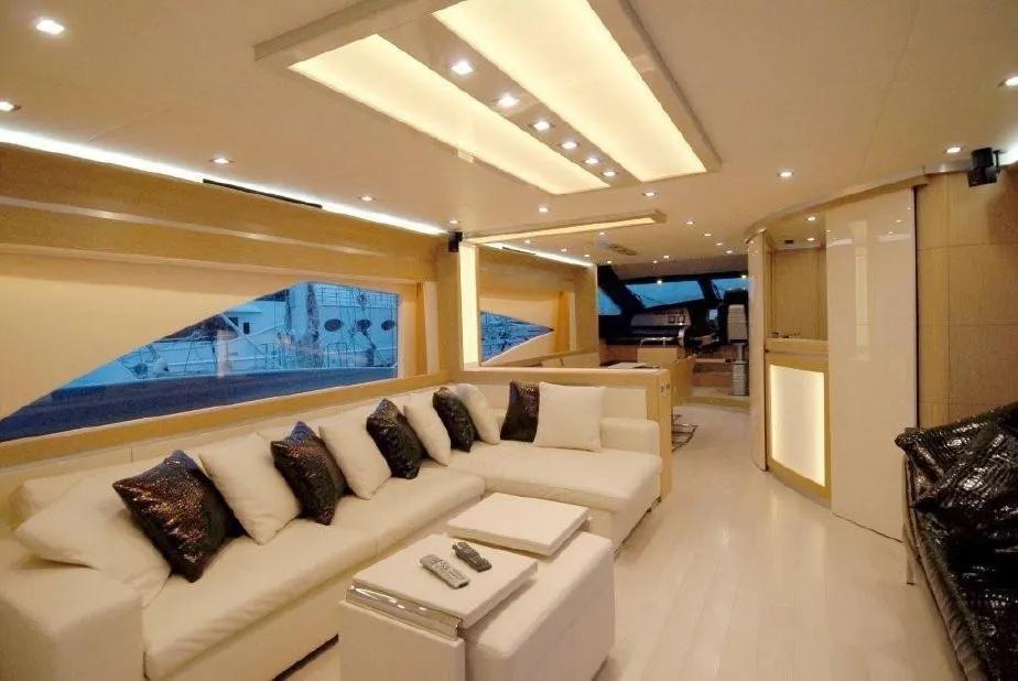 Salon of Why Not, a Dominator 780S Deluxe motor yacht at Athens, Greece