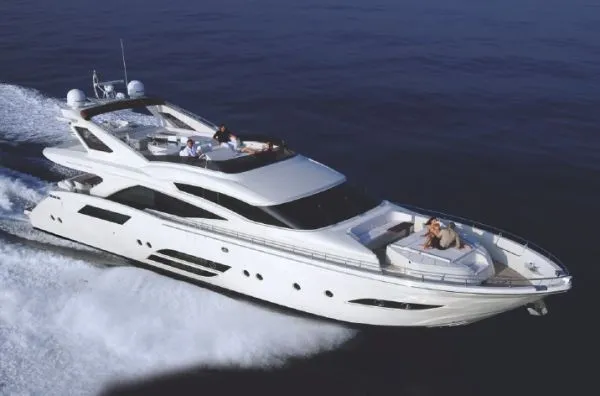 Exterior view of Why Not, a Dominator 780S Deluxe motor yacht at Athens, Greece