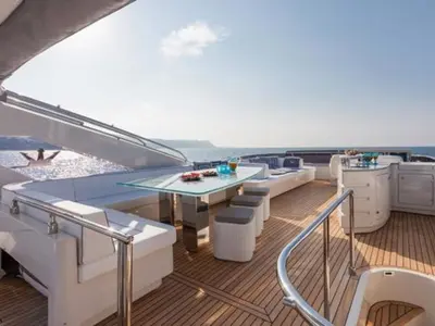 Deck of Why Not, a Dominator 780S Deluxe motor yacht at Athens, Greece