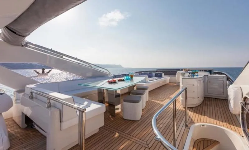 Deck of Why Not, a Dominator 780S Deluxe motor yacht at Athens, Greece