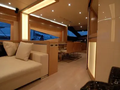 Salon of Why Not, a Dominator 780S Deluxe motor yacht at Athens, Greece
