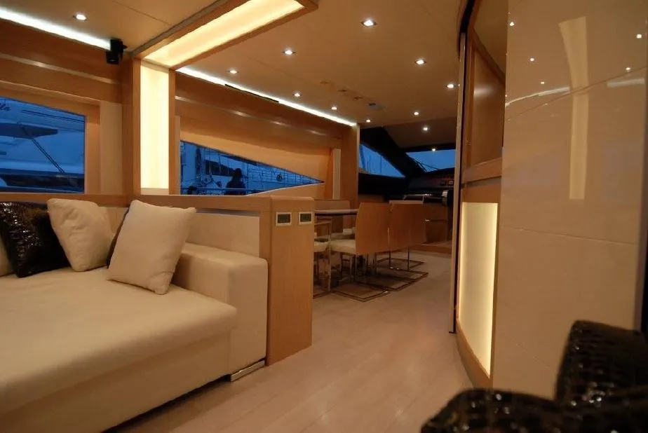 Salon of Why Not, a Dominator 780S Deluxe motor yacht at Athens, Greece