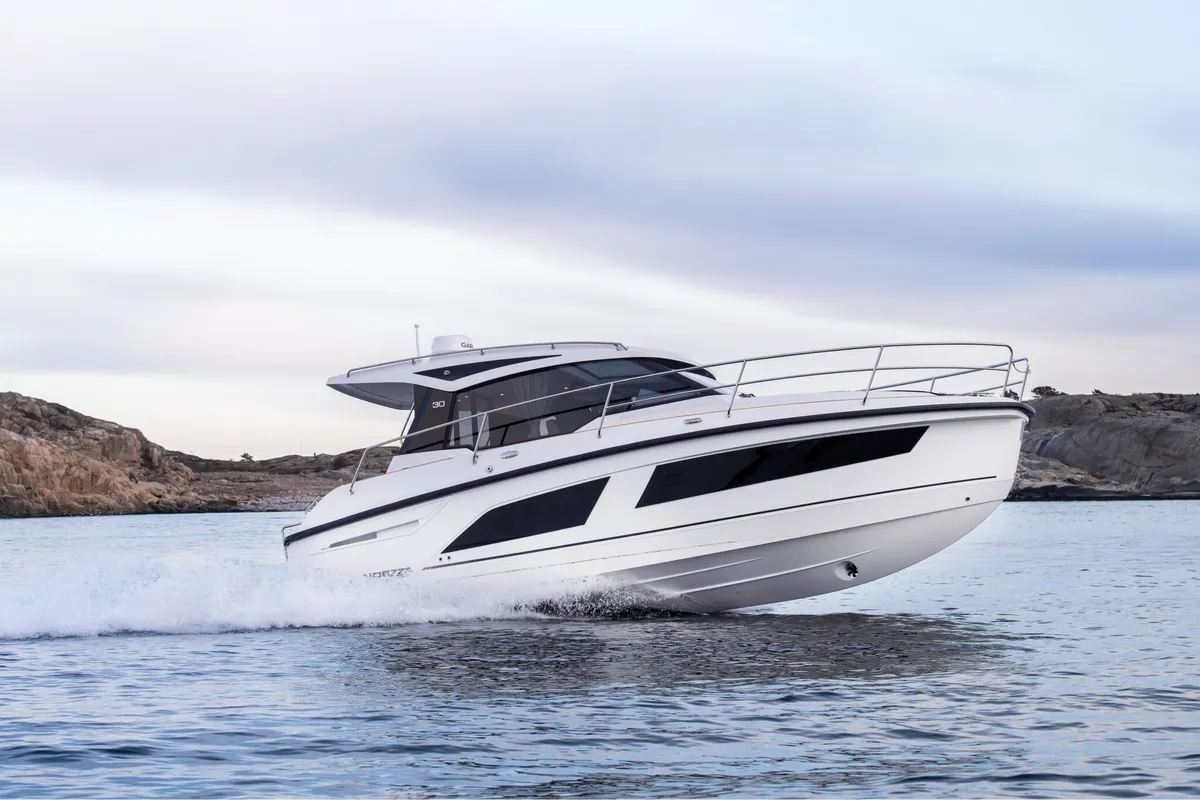 Exterior view of LAGANINI, a Grandezza 30 OC motorboat at Grad Trogir, Croatia