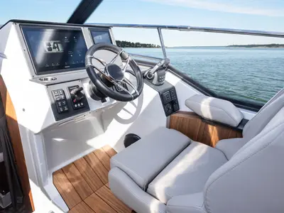 Cockpit of LAGANINI, a Grandezza 30 OC motorboat at Grad Trogir, Croatia