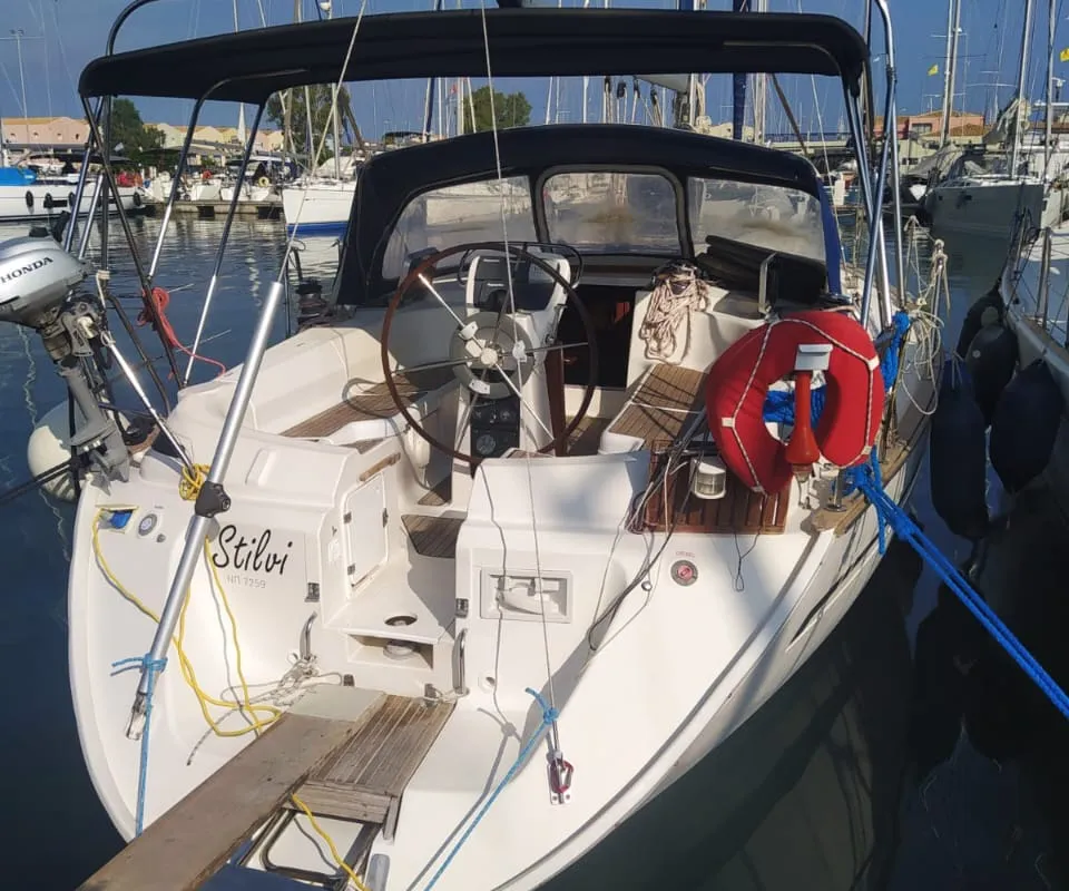 Cockpit of Stilvi, a Bavaria 42 sailboat at Lefkada, Greece
