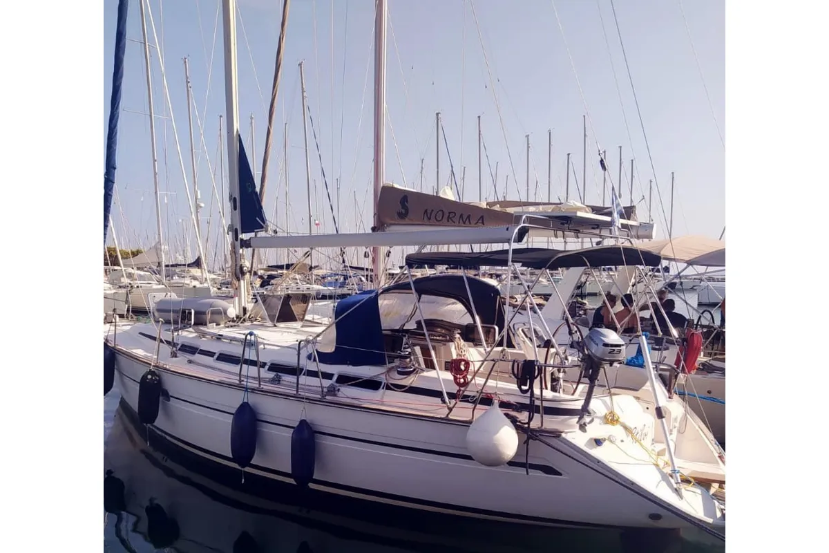 Exterior view of Stilvi, a Bavaria 42 sailboat at Lefkada, Greece