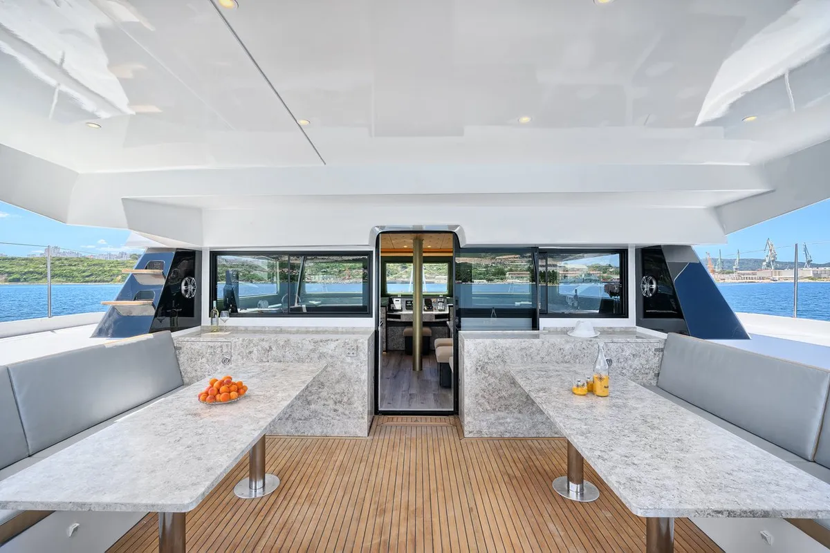 Deck of Gold, a Luna 49 catamaran at Split, Croatia