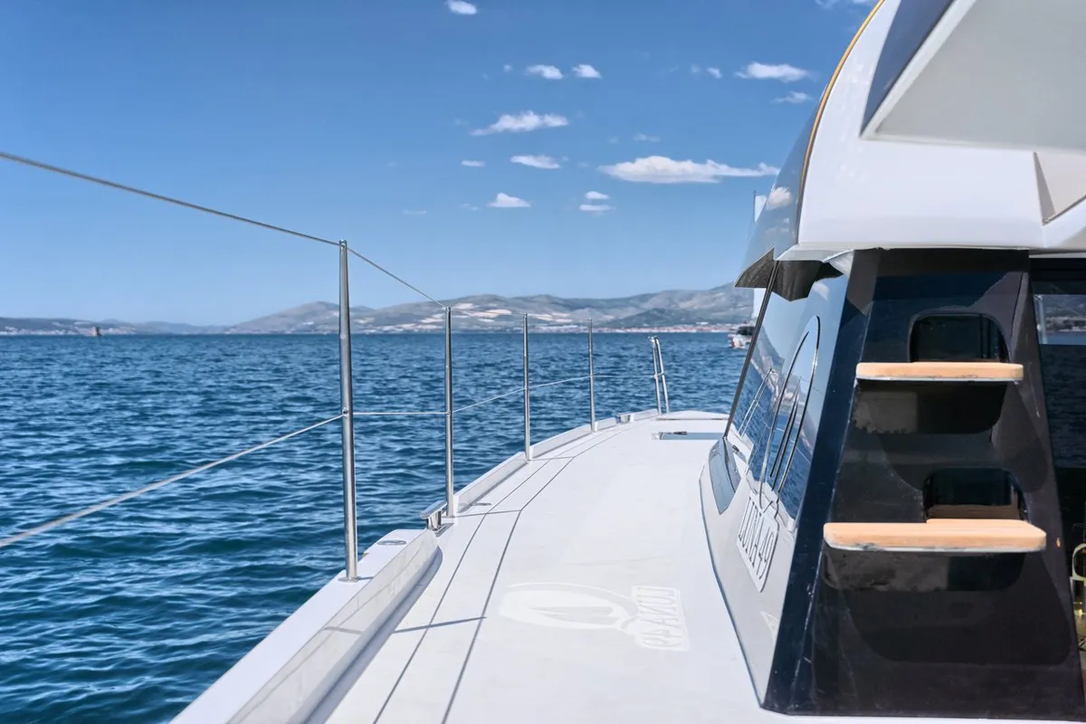 Exterior view of Gold, a Luna 49 catamaran at Split, Croatia