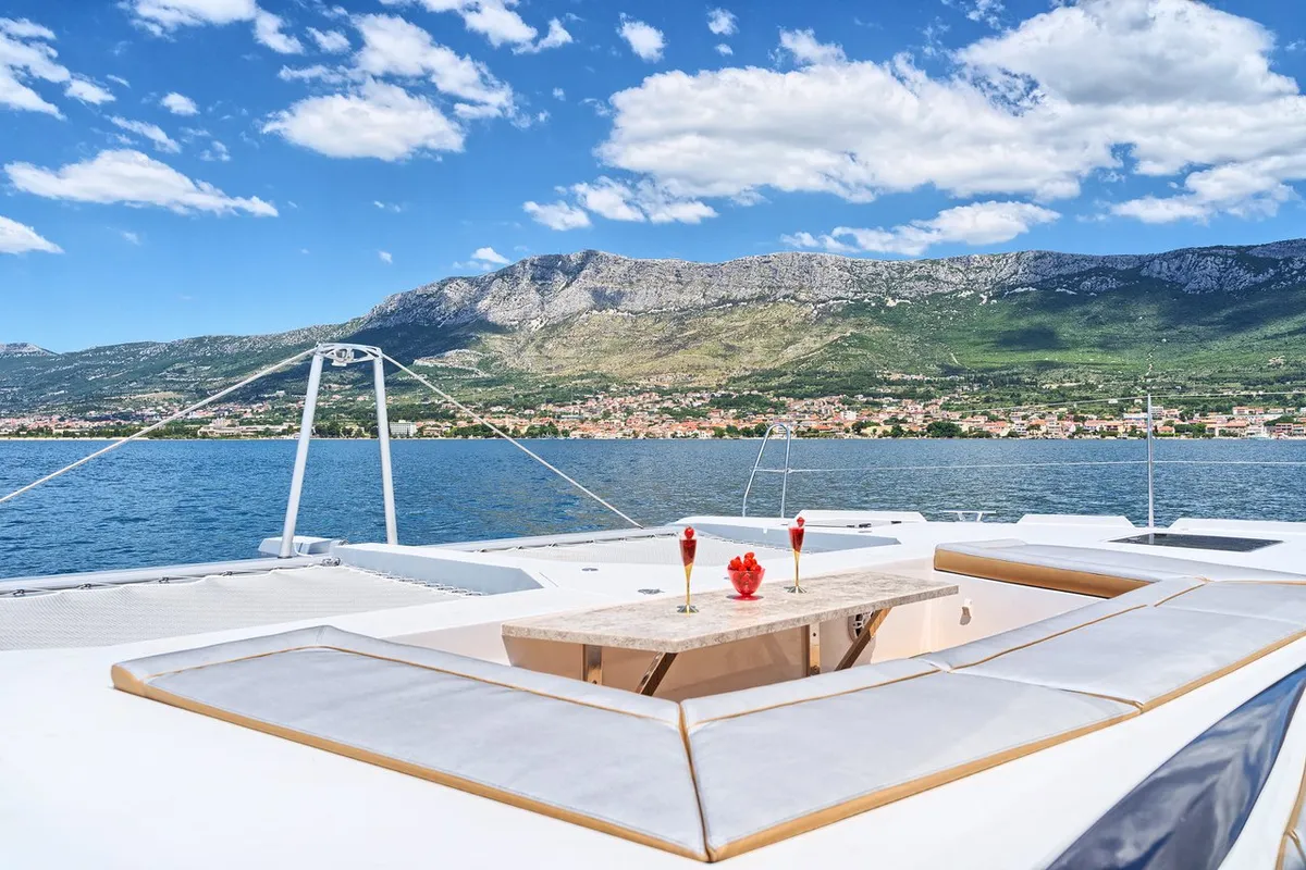 Deck of Gold, a Luna 49 catamaran at Split, Croatia