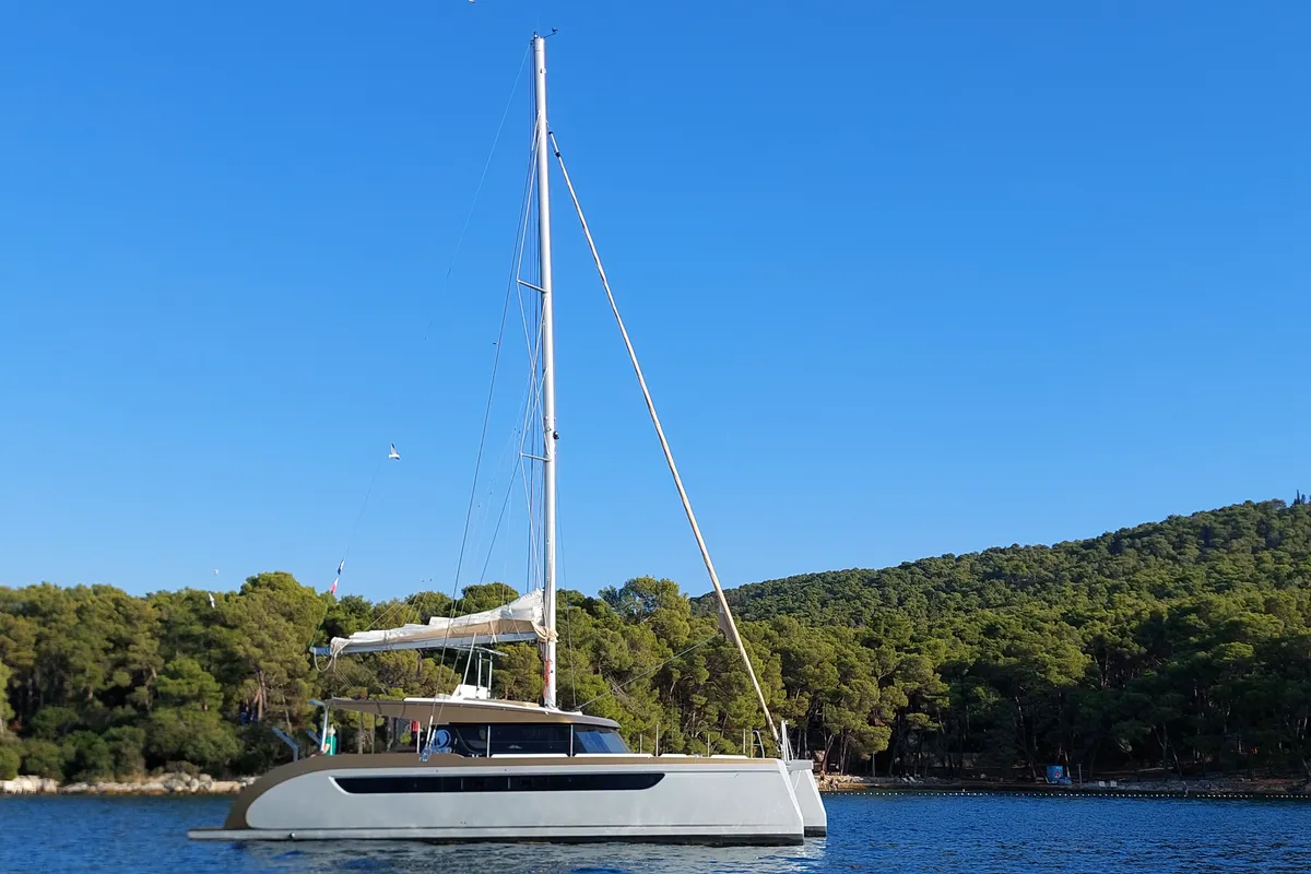 Exterior view of Gold, a Luna 49 catamaran at Split, Croatia