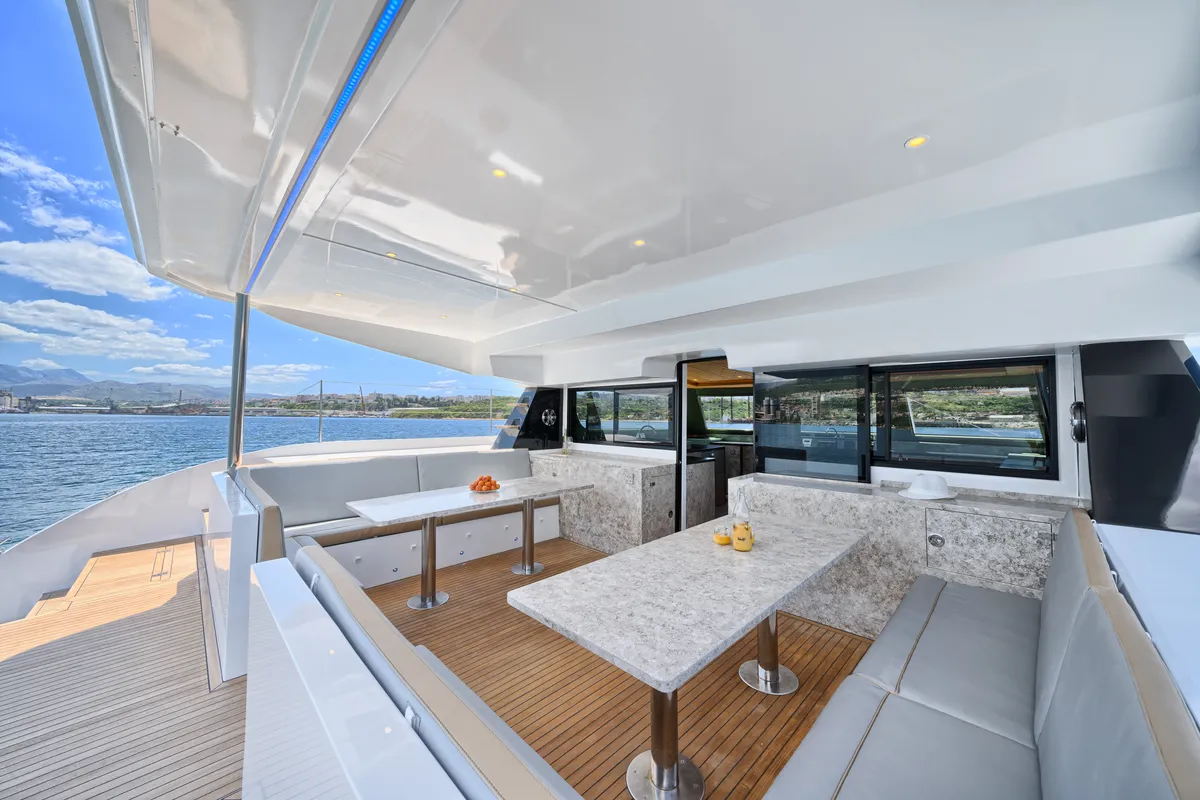Deck of Gold, a Luna 49 catamaran at Split, Croatia