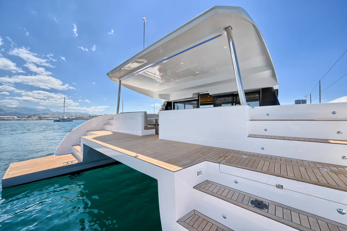Exterior view of Gold, a Luna 49 catamaran at Split, Croatia