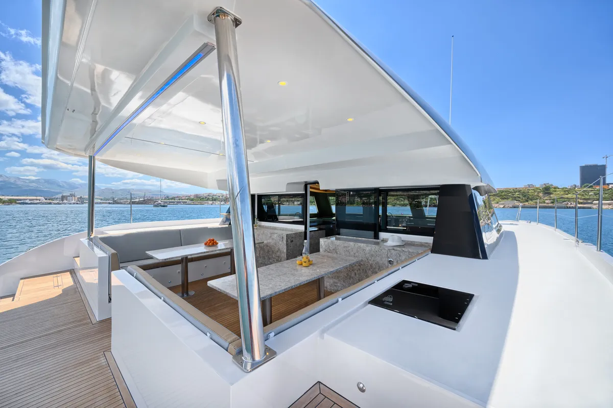 Deck of Gold, a Luna 49 catamaran at Split, Croatia