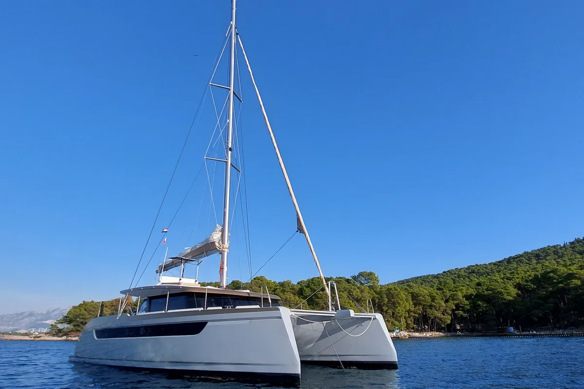 Exterior view of Gold, a Luna 49 catamaran at Split, Croatia