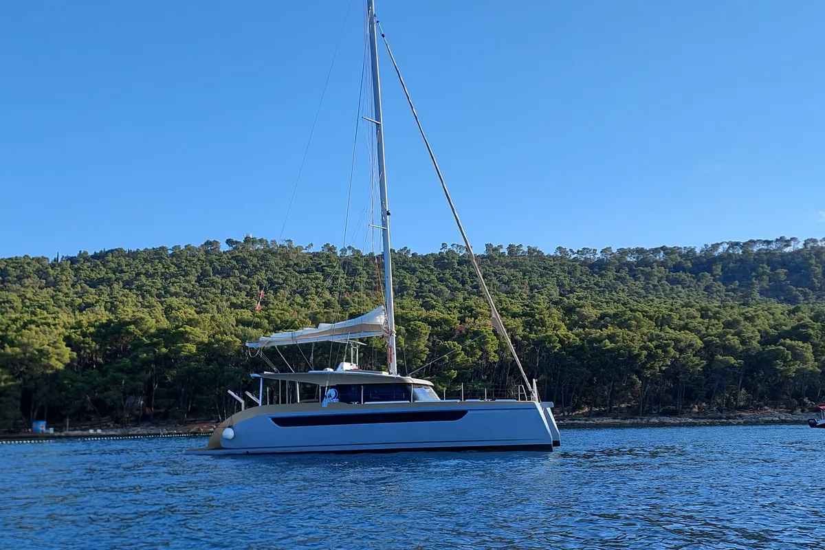 Exterior view of Gold, a Luna 49 catamaran at Split, Croatia