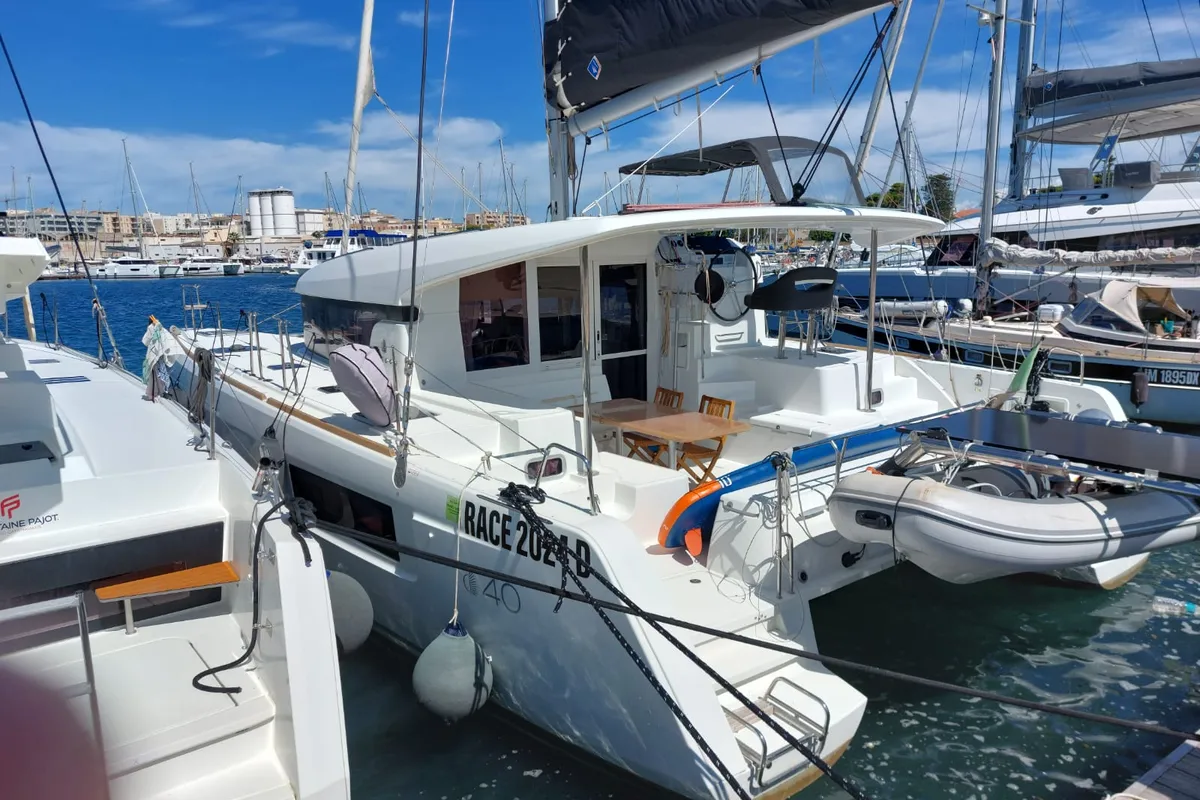 Exterior view of Nerea, a Lagoon 40 catamaran at Marsala, Italy