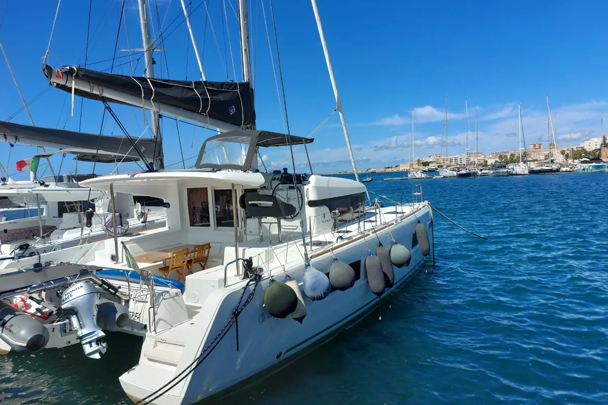 Exterior view of Nerea, a Lagoon 40 catamaran at Marsala, Italy