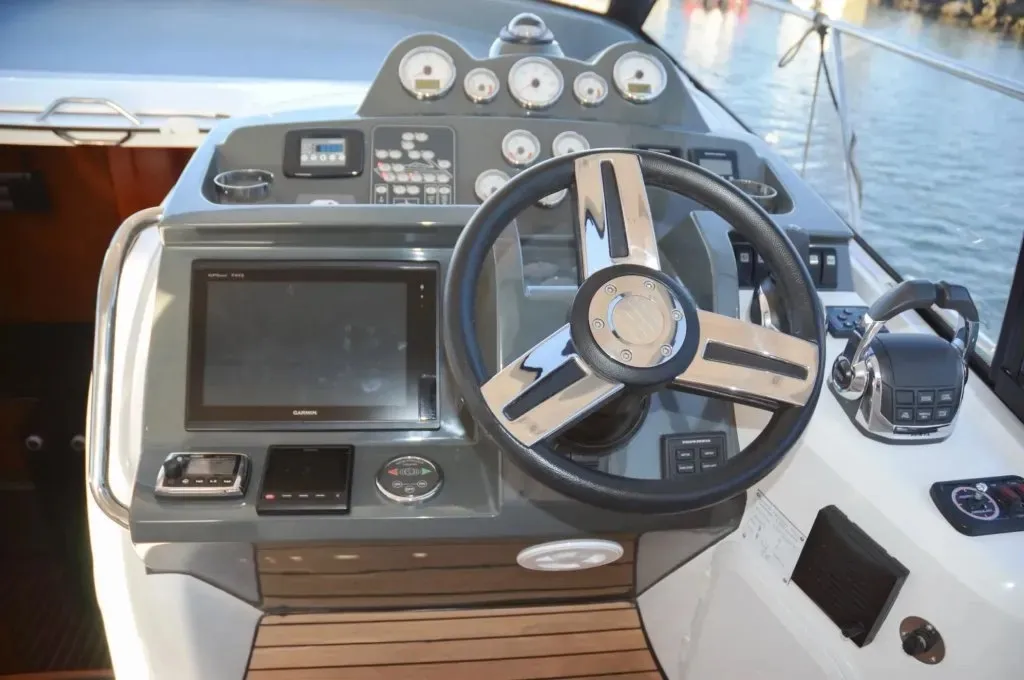 Cockpit of Varola, a Bavaria Sport 450 HT motorboat at Seget Donji, Croatia