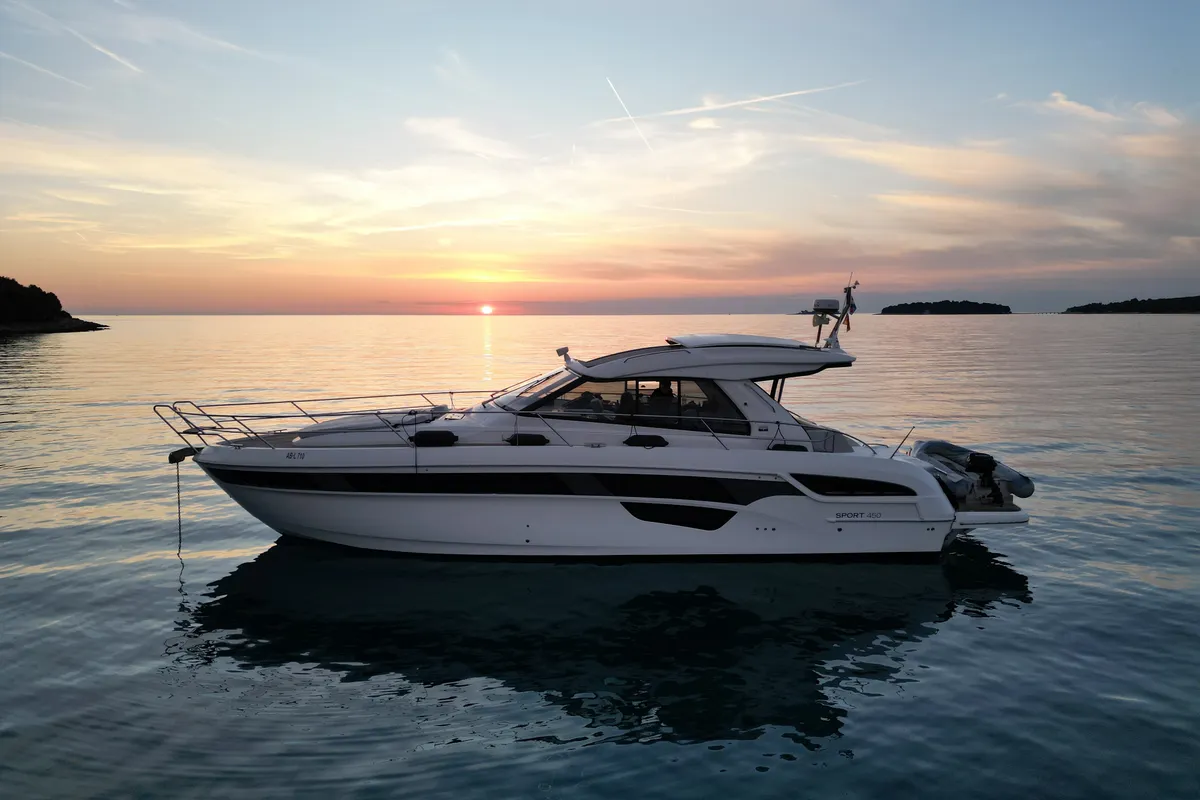 Exterior view of Varola, a Bavaria Sport 450 HT motorboat at Seget Donji, Croatia