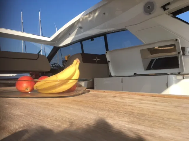 Deck of Varola, a Bavaria Sport 450 HT motorboat at Seget Donji, Croatia