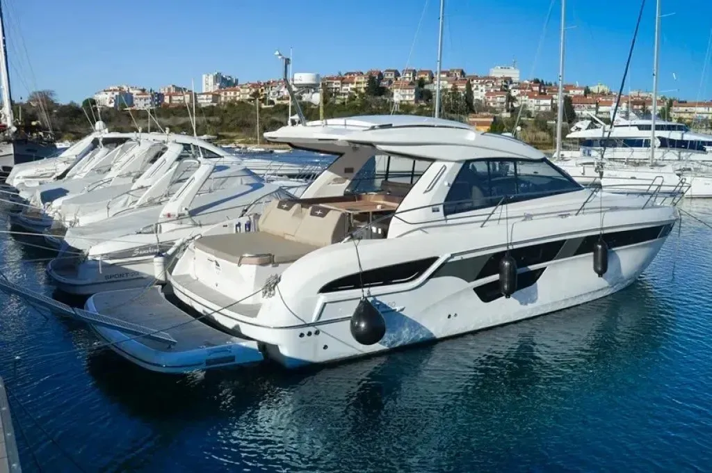 Exterior view of Varola, a Bavaria Sport 450 HT motorboat at Seget Donji, Croatia