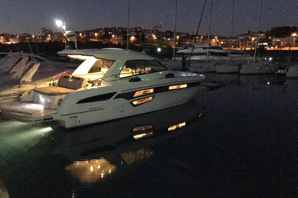 Exterior view of Varola, a Bavaria Sport 450 HT motorboat at Seget Donji, Croatia