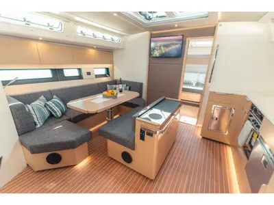Salon of Sea Emerald, a Hanse 510 sailboat at Kos, Greece