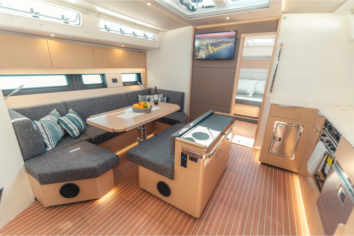 Salon of Sea Emerald, a Hanse 510 sailboat at Kos, Greece