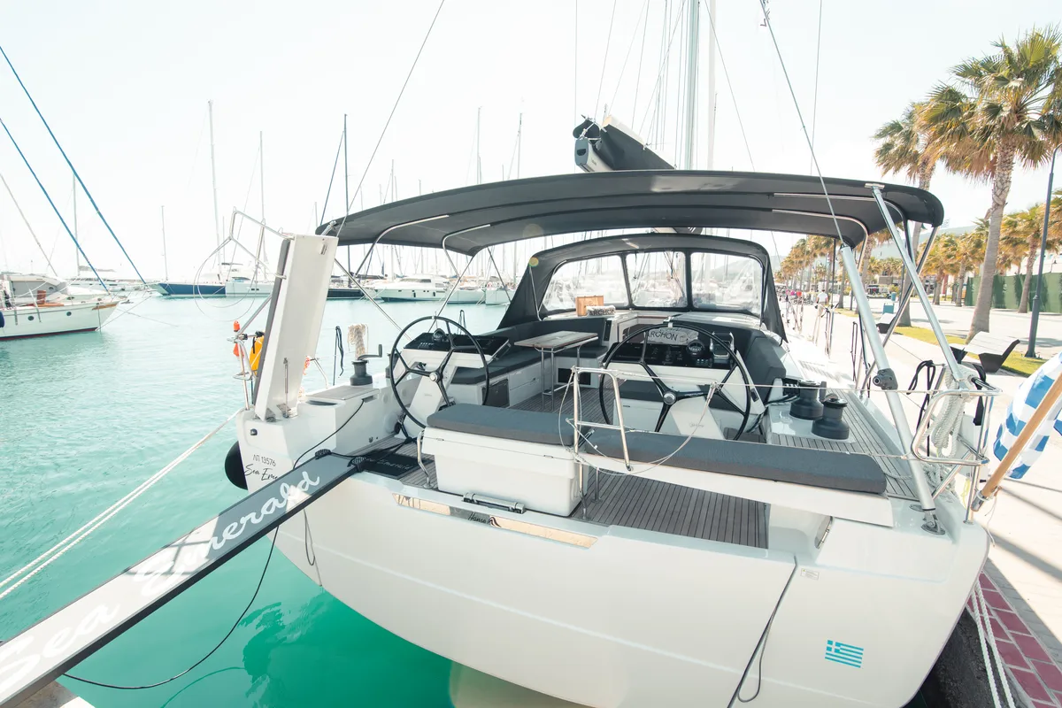 Exterior view of Sea Emerald, a Hanse 510 sailboat at Kos, Greece