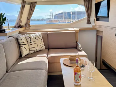 Salon of Bellmar, a Fountaine Pajot Astréa 42 catamaran at Preveza, Greece