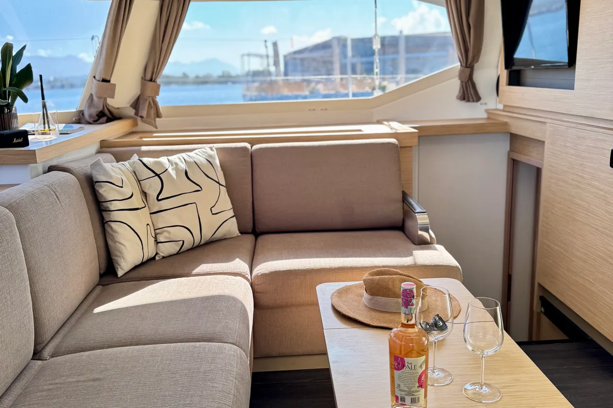 Salon of Bellmar, a Fountaine Pajot Astréa 42 catamaran at Preveza, Greece