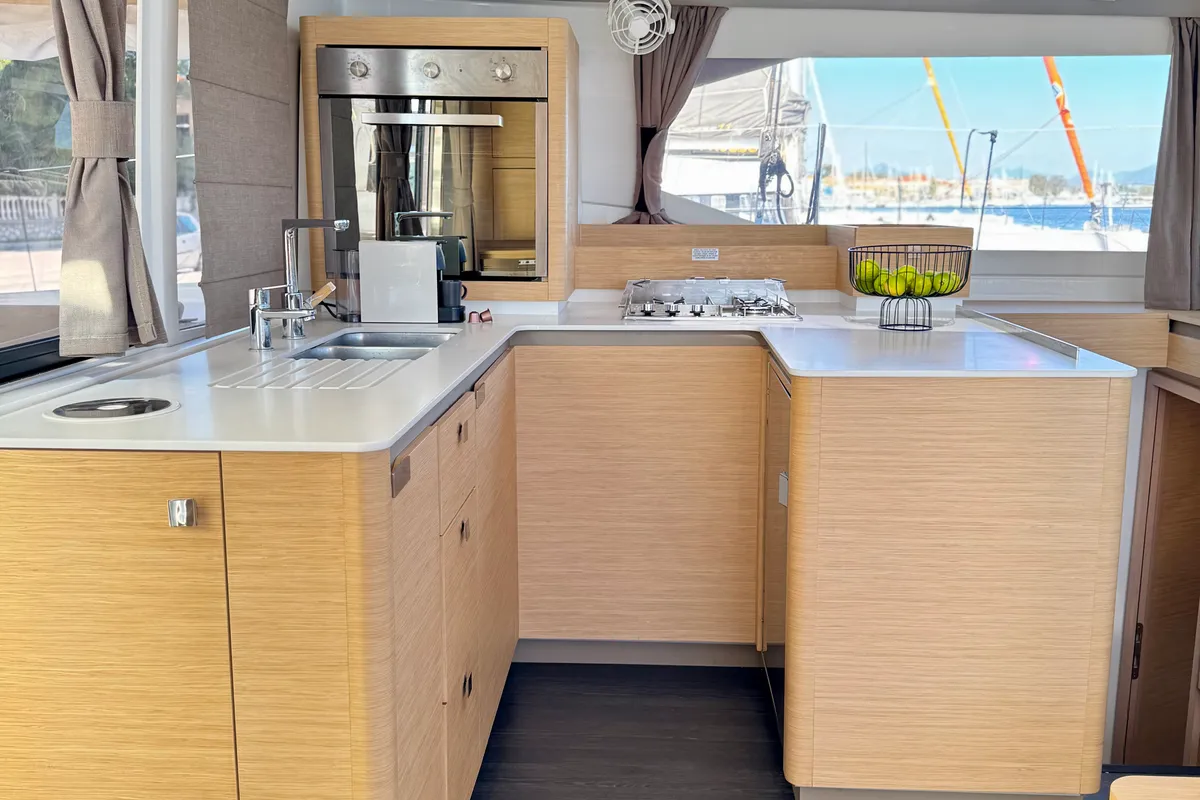 Galley of Bellmar, a Fountaine Pajot Astréa 42 catamaran at Preveza, Greece