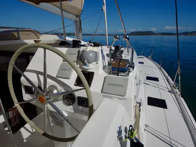 Cockpit of Bellmar, a Fountaine Pajot Astréa 42 catamaran at Preveza, Greece