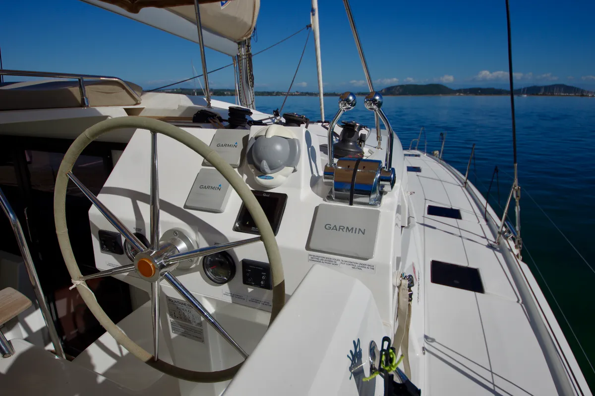 Cockpit of Bellmar, a Fountaine Pajot Astréa 42 catamaran at Preveza, Greece
