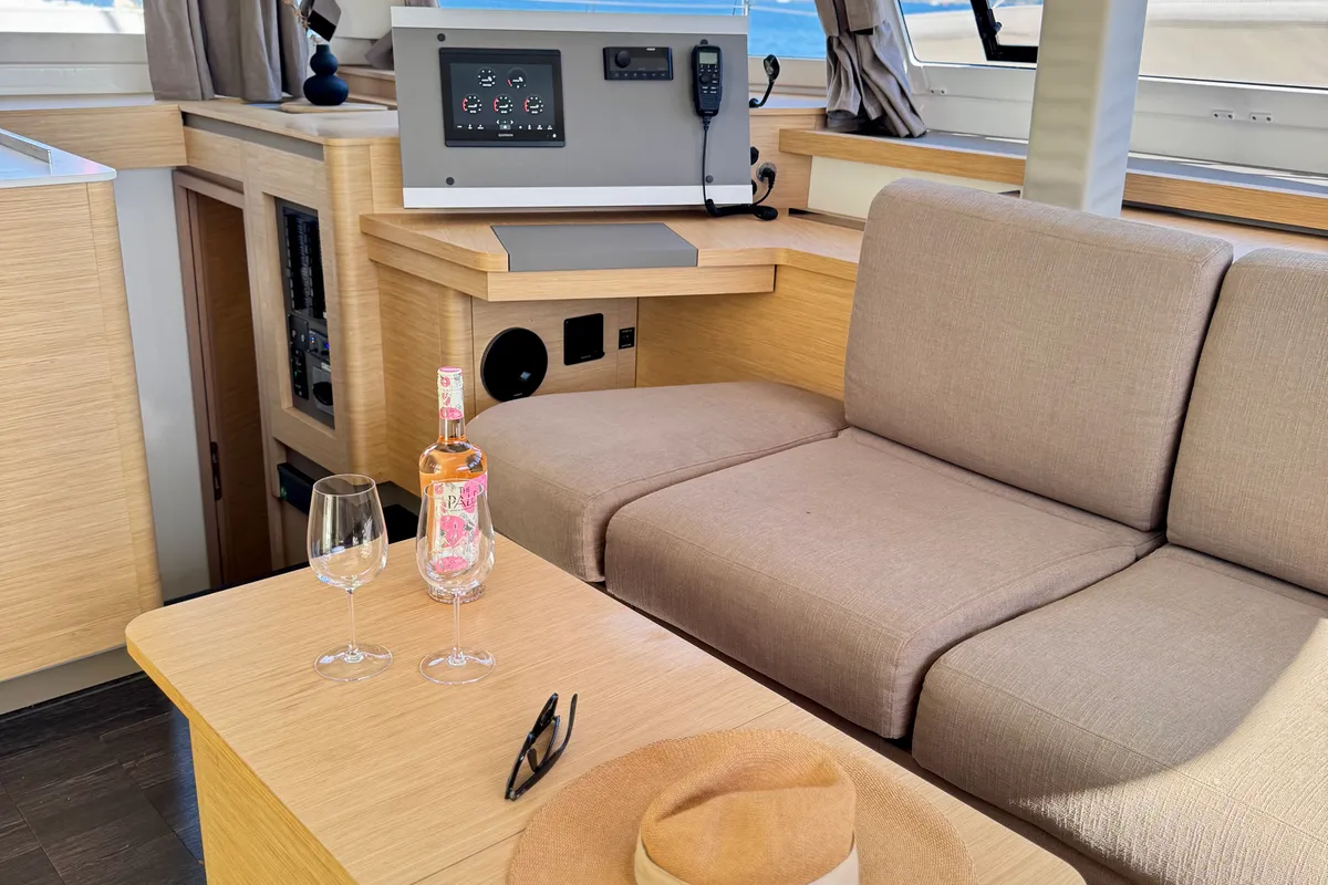 Salon of Bellmar, a Fountaine Pajot Astréa 42 catamaran at Preveza, Greece