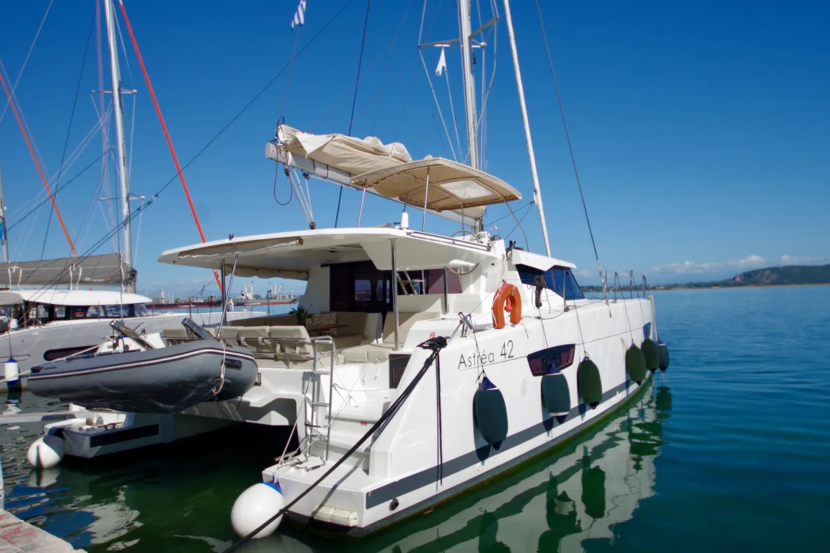 Exterior view of Bellmar, a Fountaine Pajot Astréa 42 catamaran at Preveza, Greece