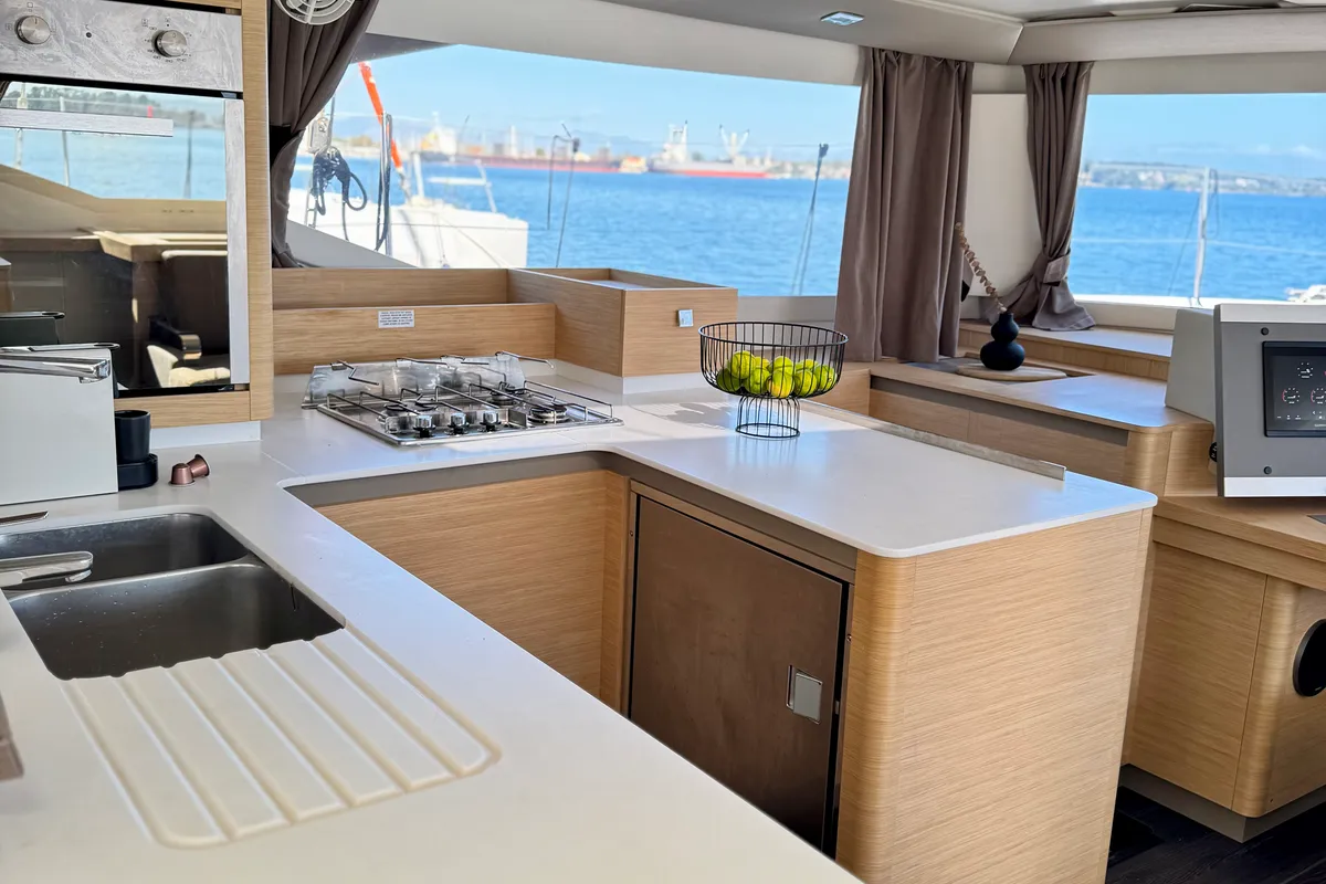 Galley of Bellmar, a Fountaine Pajot Astréa 42 catamaran at Preveza, Greece