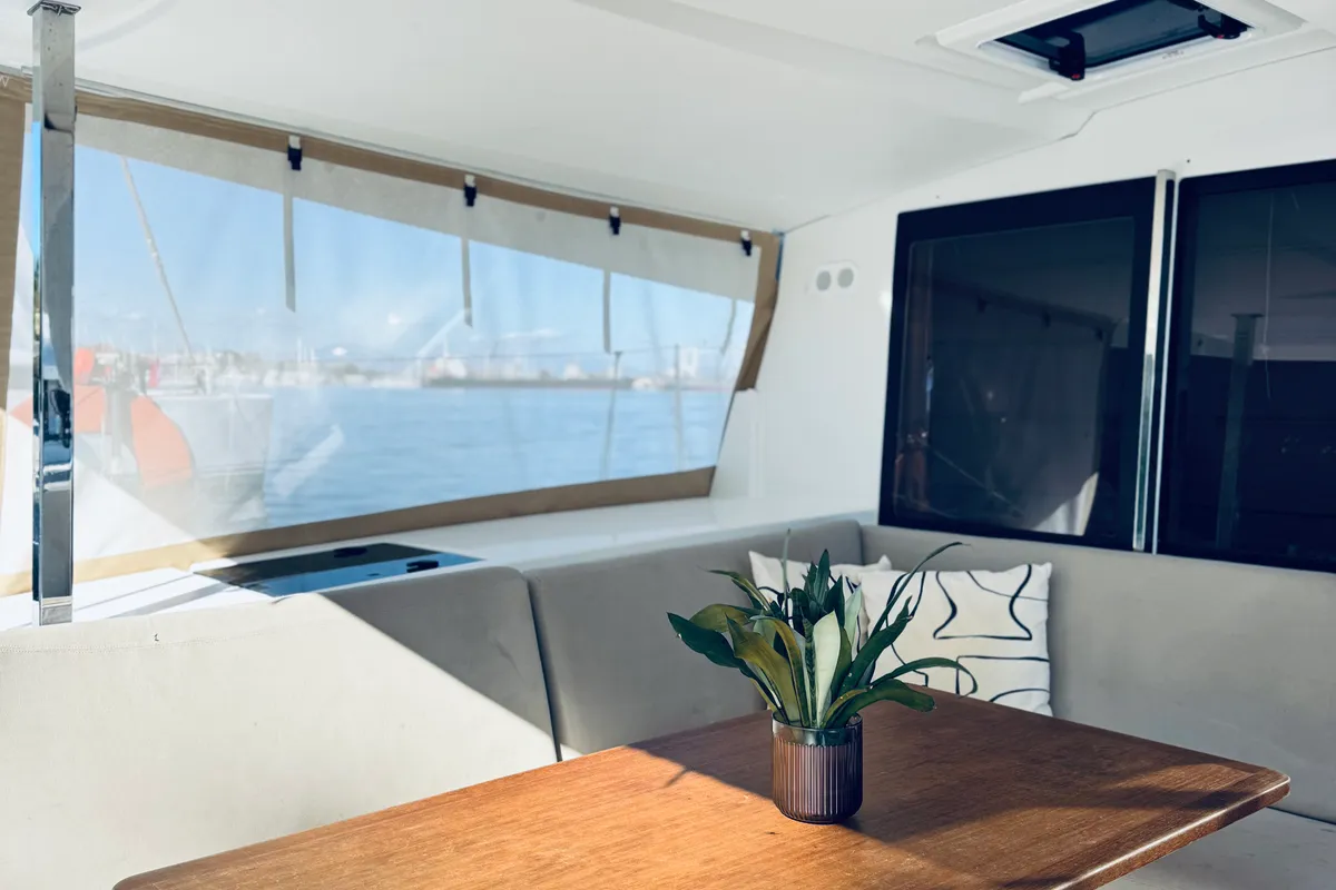 Salon of Bellmar, a Fountaine Pajot Astréa 42 catamaran at Preveza, Greece