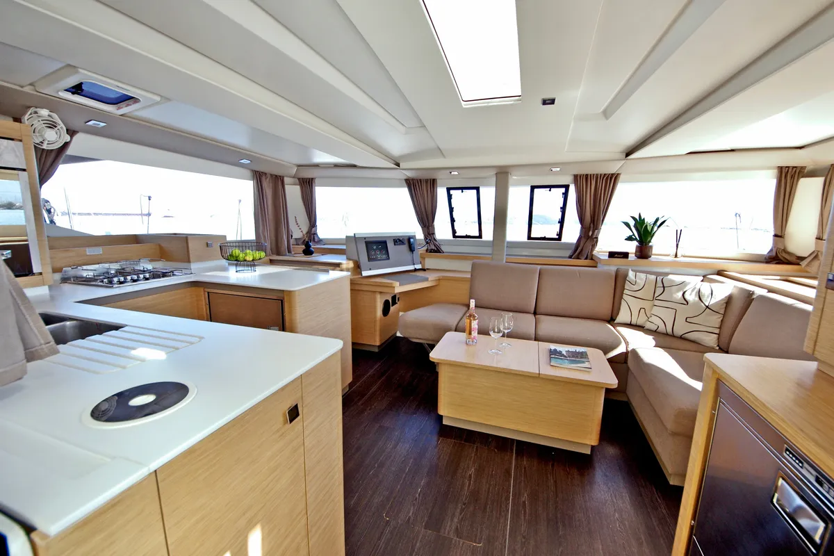 Salon of Bellmar, a Fountaine Pajot Astréa 42 catamaran at Preveza, Greece