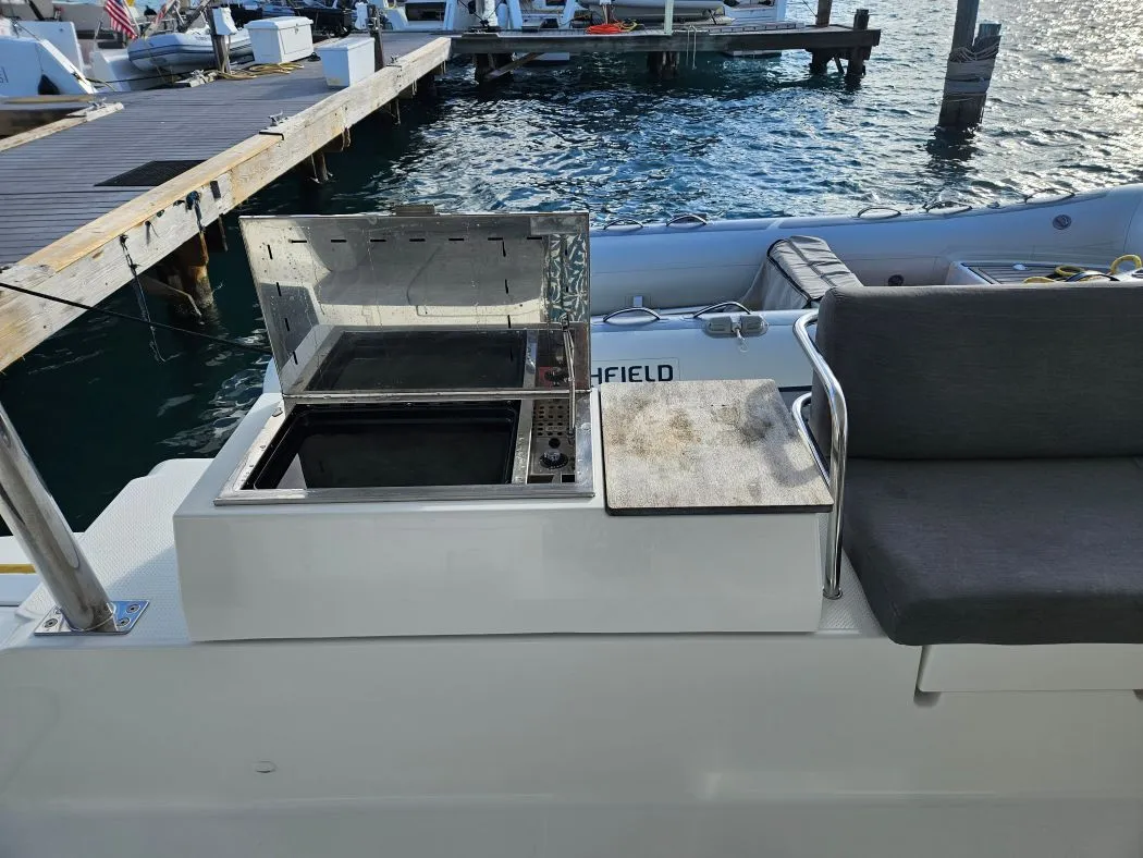 Deck of The Happy Heifer, a Fountaine Pajot Elba 45 catamaran at Charlotte Amalie, United States