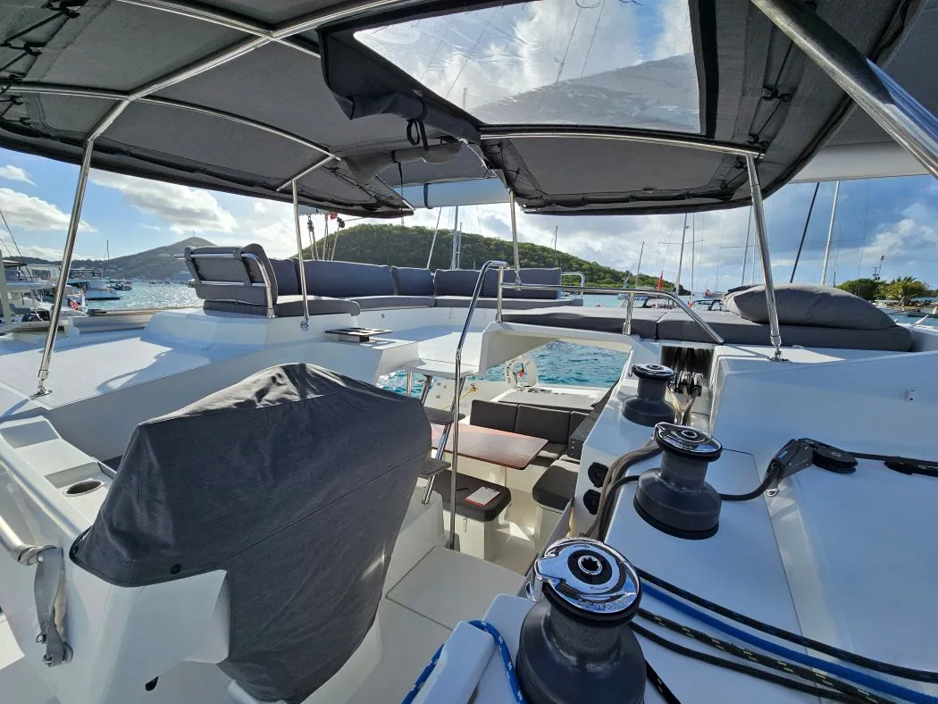 Deck of The Happy Heifer, a Fountaine Pajot Elba 45 catamaran at Charlotte Amalie, United States