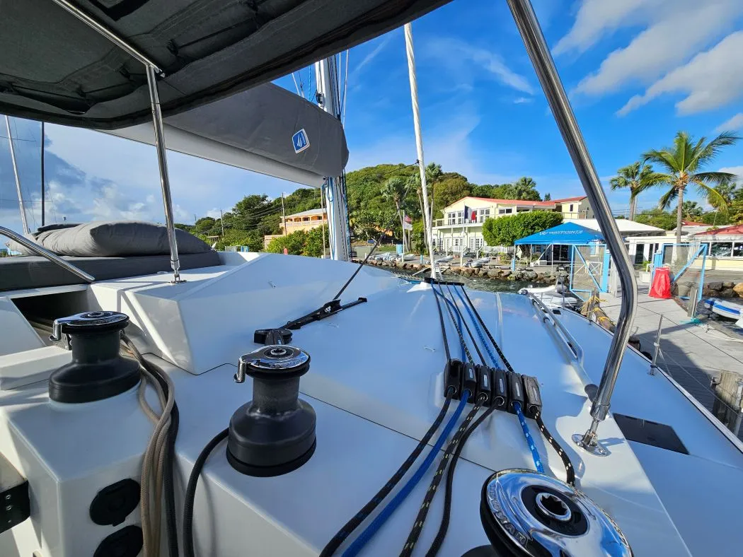 Deck of The Happy Heifer, a Fountaine Pajot Elba 45 catamaran at Charlotte Amalie, United States