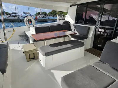 Deck of The Happy Heifer, a Fountaine Pajot Elba 45 catamaran at Charlotte Amalie, United States